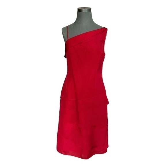 Women’s Dress Vintage Papell Boutique Evening Red Silk One Shoulder Ruffle Dress - Picture 4 of 8